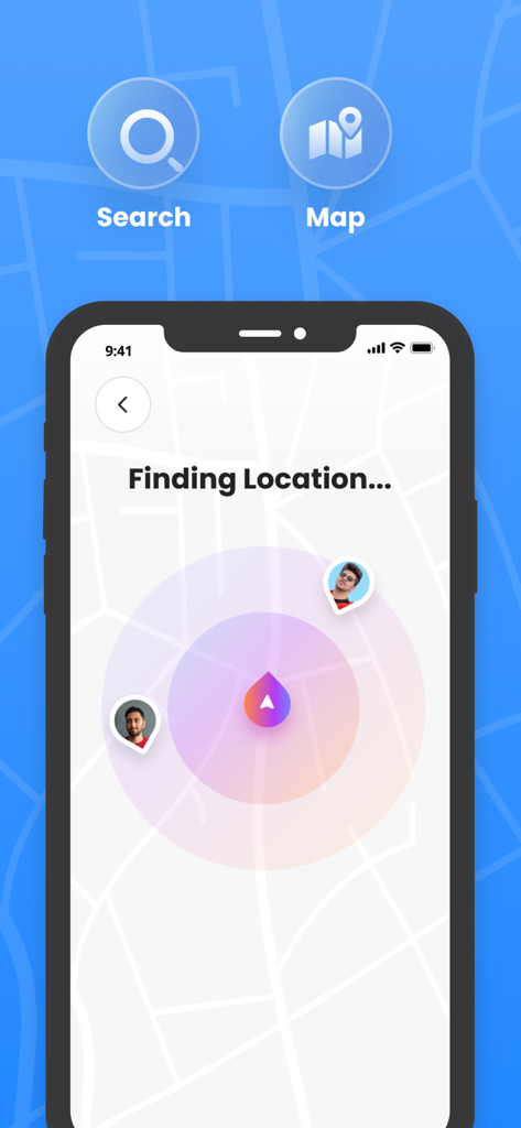 FindApp+Find Friends Location - FindApp plus mobile app interface showing a map with friend locations and finding location status