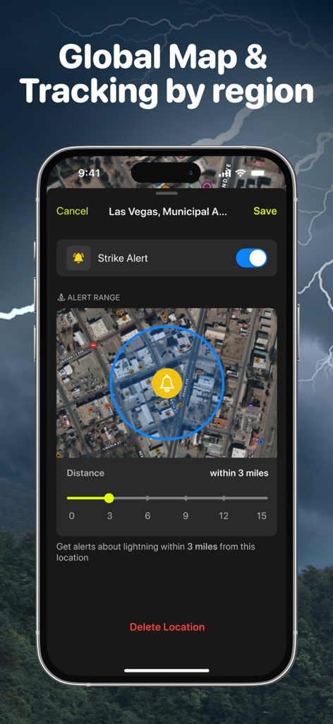 Lightning Tracker My Radar Map - Interfaccia dell'app Lightning tracker che mostra le impostazioni di allarme fulmini con un raggio di tre miglia su una mappa