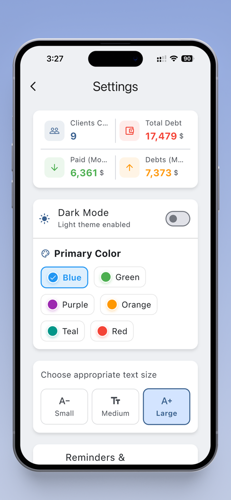 Debt Manager - Money Tracker - Debt Manager app settings screen showing theme color options and text size adjustments