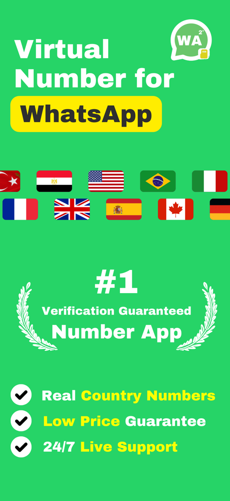 Virtual Number for SMS Verify - Promotional screen for Virtual Number for WhatsApp app showing country flags and verification guarantees