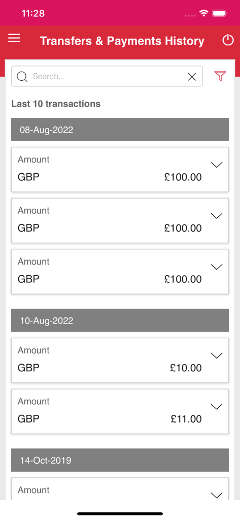 Credit Union App - Mobile app screen showing recent transfers and payments history with dates and amounts