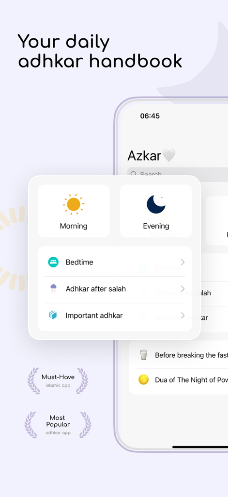 Azkar - Azkar app main menu showing categories for morning evening and bedtime prayers