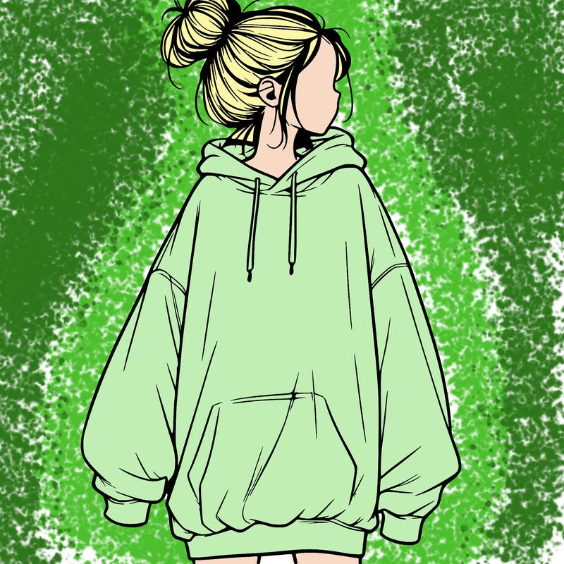 realistic girl with a oversized sweatshirt on and a bun