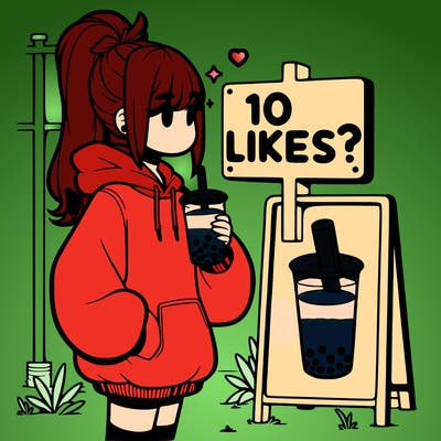 girl with oversized hoodie drinking boba and she has a high ponytail with a sign that says 10likes?