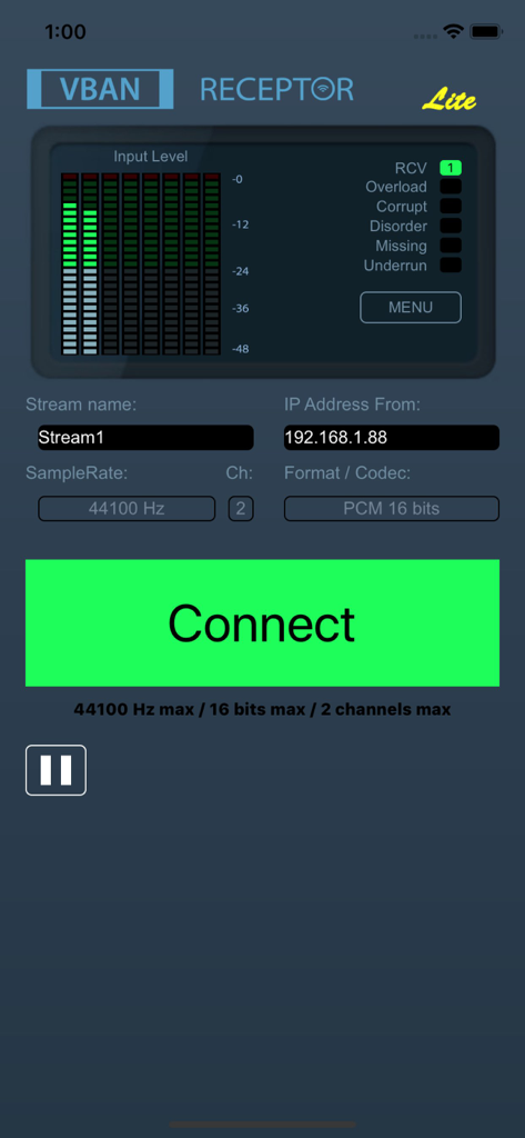 VBAN Receptor Lite - VBAN Receptor Lite app interface showing audio input levels and network connection settings