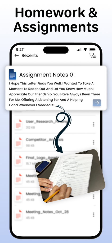 Text to Handwriting Converter - App interface showing digital text conversion to realistic handwritten assignments for homework