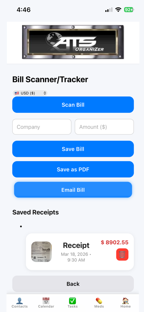 ats-organizer-app - Interface of the ATS OrganiZer app bill scanner feature showing options to scan bills save as pdf and track receipts