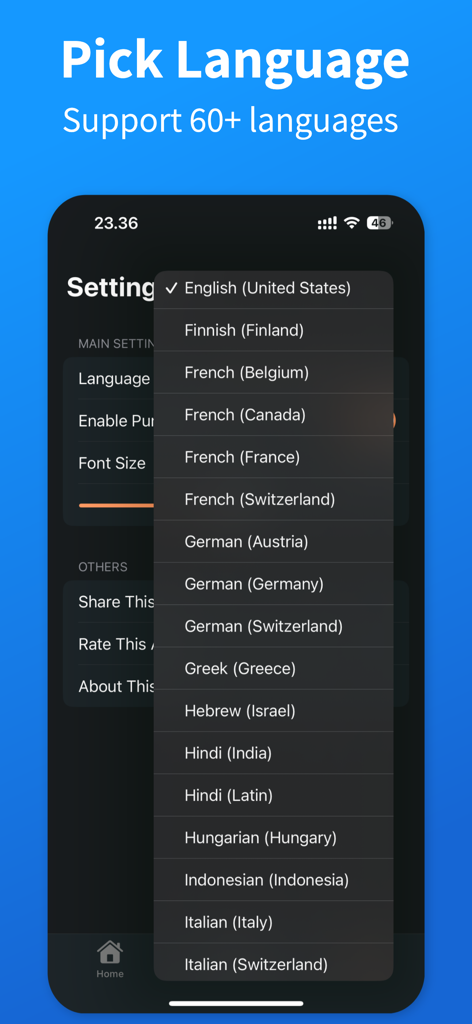 Uma tela de celular mostrando o menu de seleção de idioma no aplicativo Captions AI com suporte para mais de 60 idiomas.