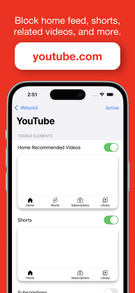 #blockit: Block distractions - Interface of the blockit app on an iPhone showing toggle settings to block YouTube recommended videos and shorts for better focus.