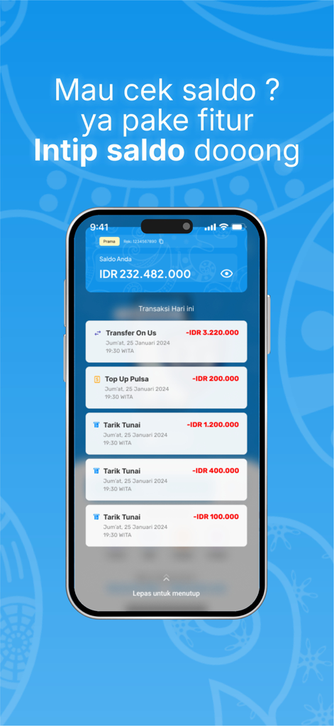 DG by Bankaltimtara - Smartphone screen displaying the balance and transaction history on the DG by Bankaltimtara mobile app.