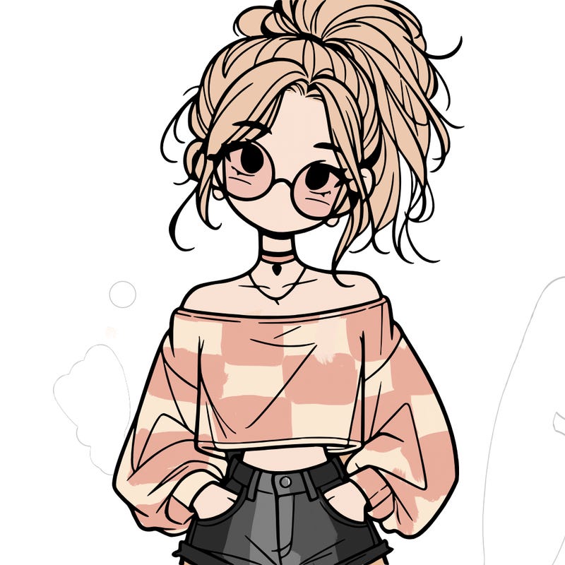 girl with a messy ponytail glasses a baggy crop top and jean shorts