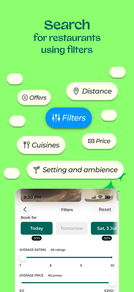 TheFork - Restaurant bookings - Uma interface de app móvel do TheFork mostrando vários filtros de pesquisa incluindo ofertas distância culinárias preço e avaliações