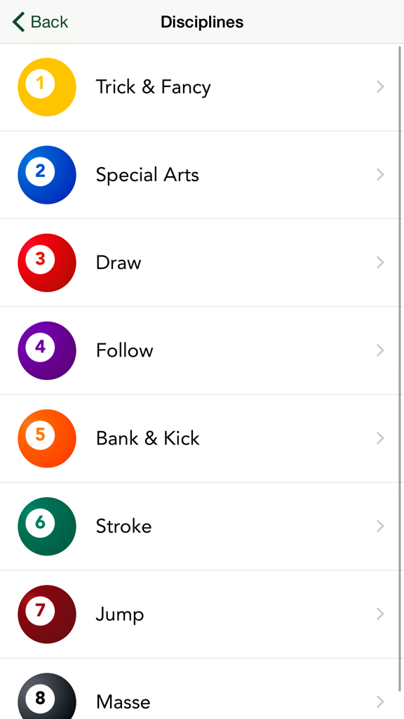 Pool Trick Shot Diagrams (Lite) - Menu showing various pool trick shot disciplines with numbered billiard ball icons