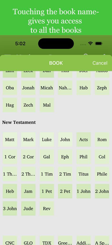 Navigation screen displaying a grid of Bible books for quick selection in the Pastors Study Bible app.