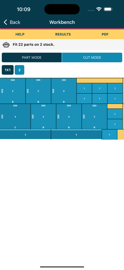 Cutlist Optimizer V2: SmartCut - SmartCut app workbench interface showing an optimized material cutting diagram