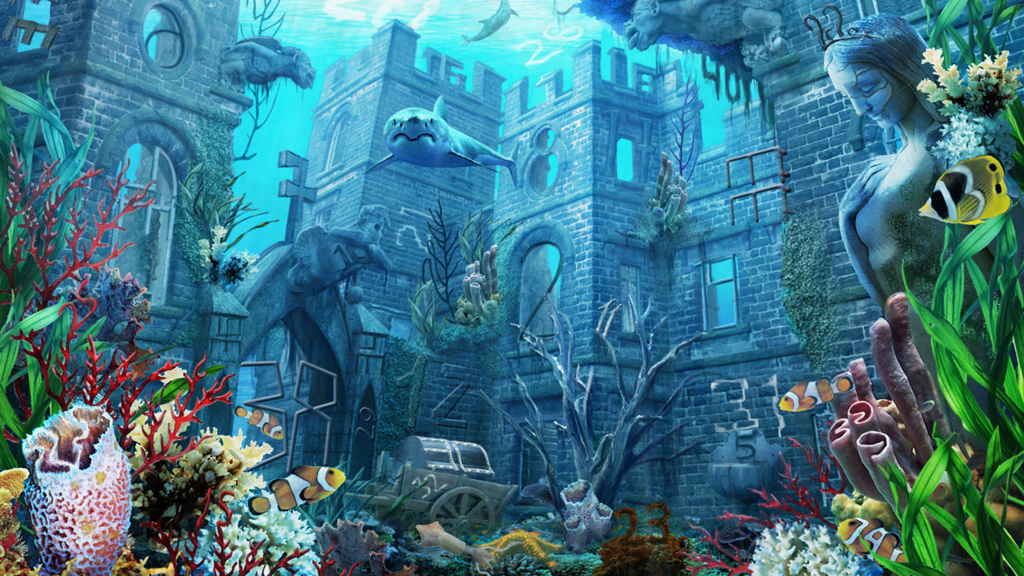 Uma cena de ruínas subaquáticas do jogo Mysteriez com vários peixes e números escondidos camuflados para encontrar