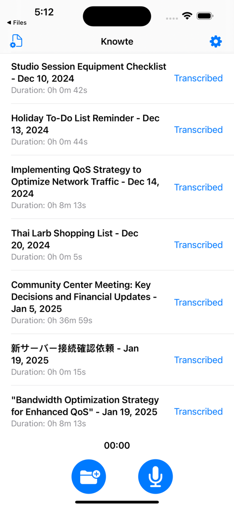 Knowte Transcribe - Interface of Knowte Transcribe app showing a list of voice recordings and their transcription status