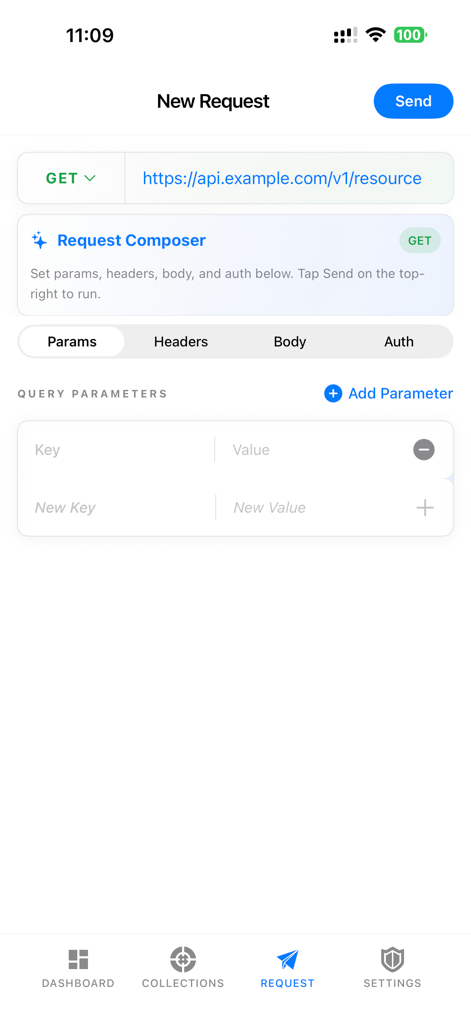 Interfaz móvil de la aplicación Pingy que muestra el Compositor de Solicitudes para una llamada API GET con parámetros de consulta