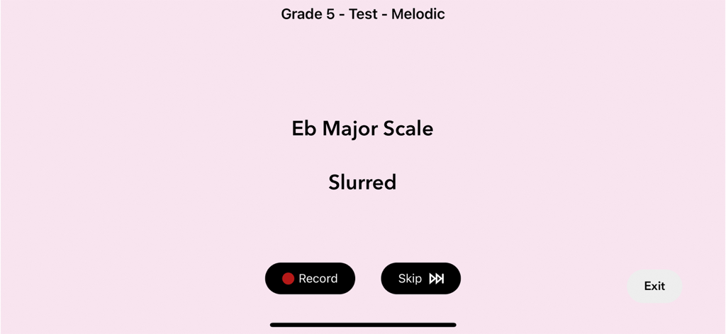 ABRSM Violin Scales Trainer - ABRSM Violin Scales Trainer test interface showing a prompt for Grade 5 Eb Major Scale Slurred with record and skip buttons