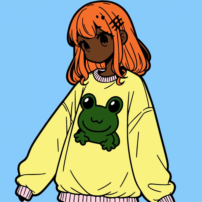girl wearing frogging sweatshirt