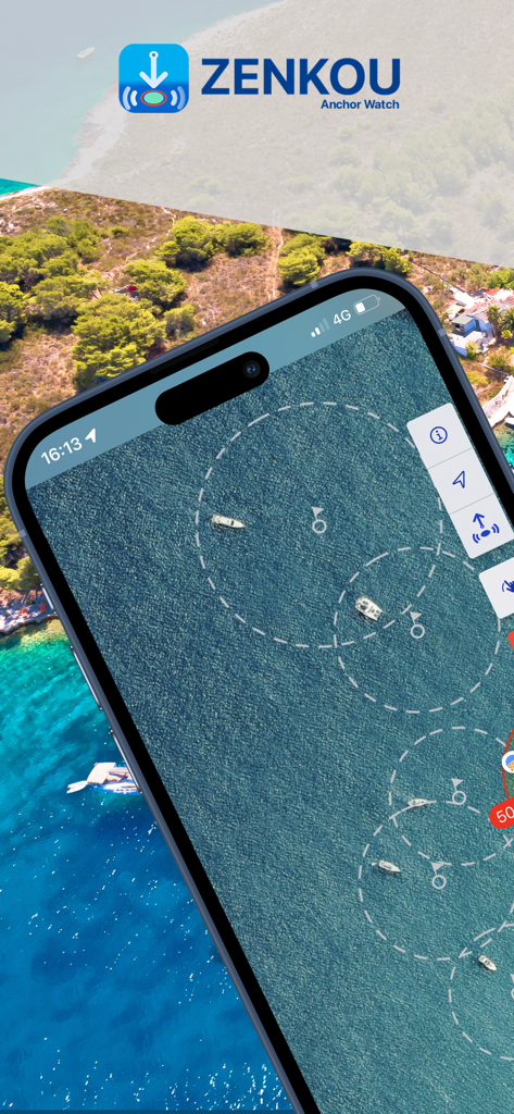 Zenkou Pro app interface showing anchored boats with swing circles on a marine map