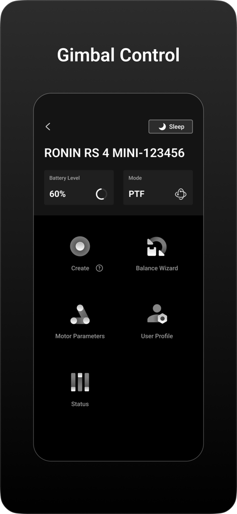DJI Ronin - A screenshot of the DJI Ronin app showing the gimbal control interface for a Ronin RS 4 Mini
