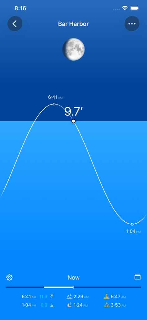 Ocean Watch - Ocean Watch App zeigt eine Gezeiten-Vorhersagegrafik und Monddaten für Bar Harbor