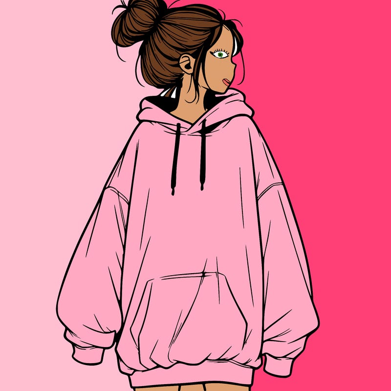 realistic girl with a oversized sweatshirt on and a bun