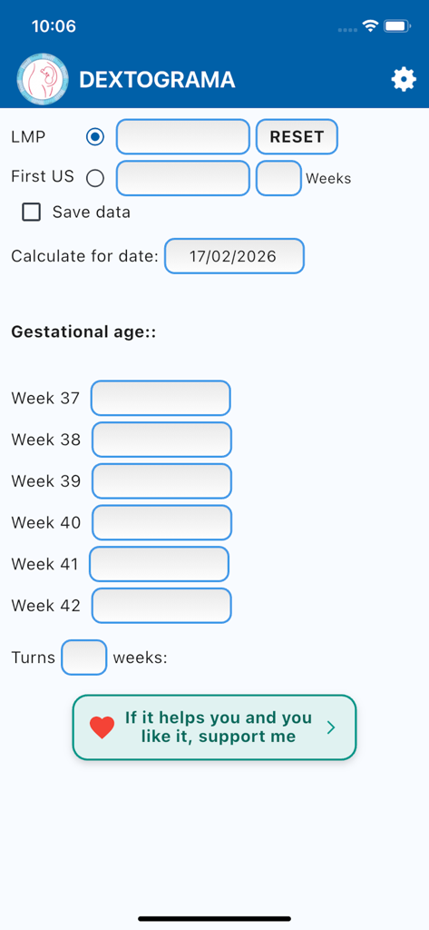 Dextograma - Interfaz de la aplicación de embarazo Dextograma que muestra campos para el cálculo de FUR y ecografía para determinar la edad gestacional.