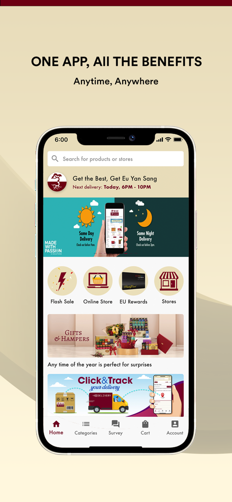 Eu Yan Sang - The home screen of the Eu Yan Sang mobile app featuring Traditional Chinese Medicine products and gift hampers