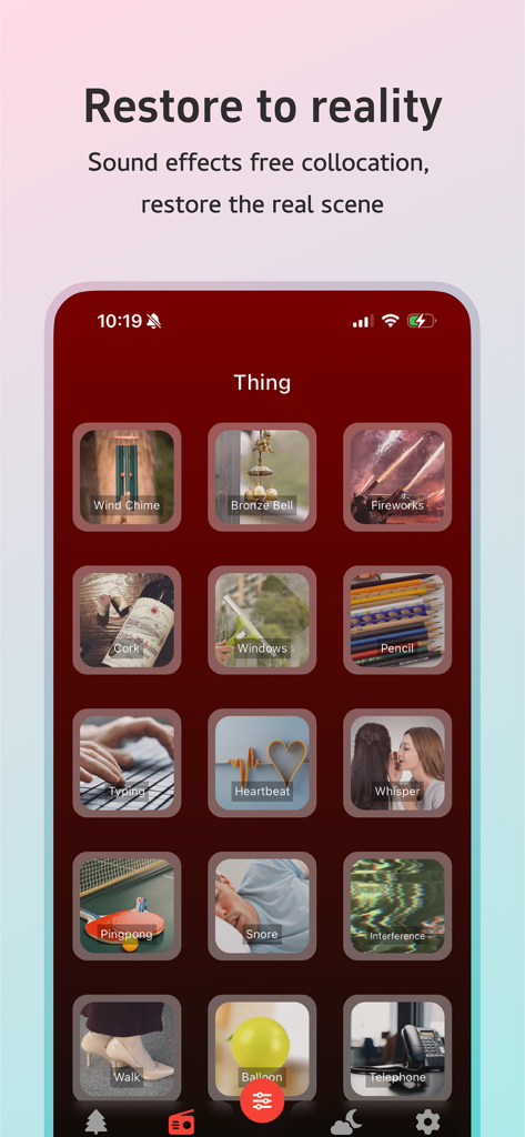 Interfaz de la aplicación Light Sleep que muestra una cuadrícula de varios efectos de sonido como campanillas de viento, escritura y latidos del corazón para concentración y relajación.