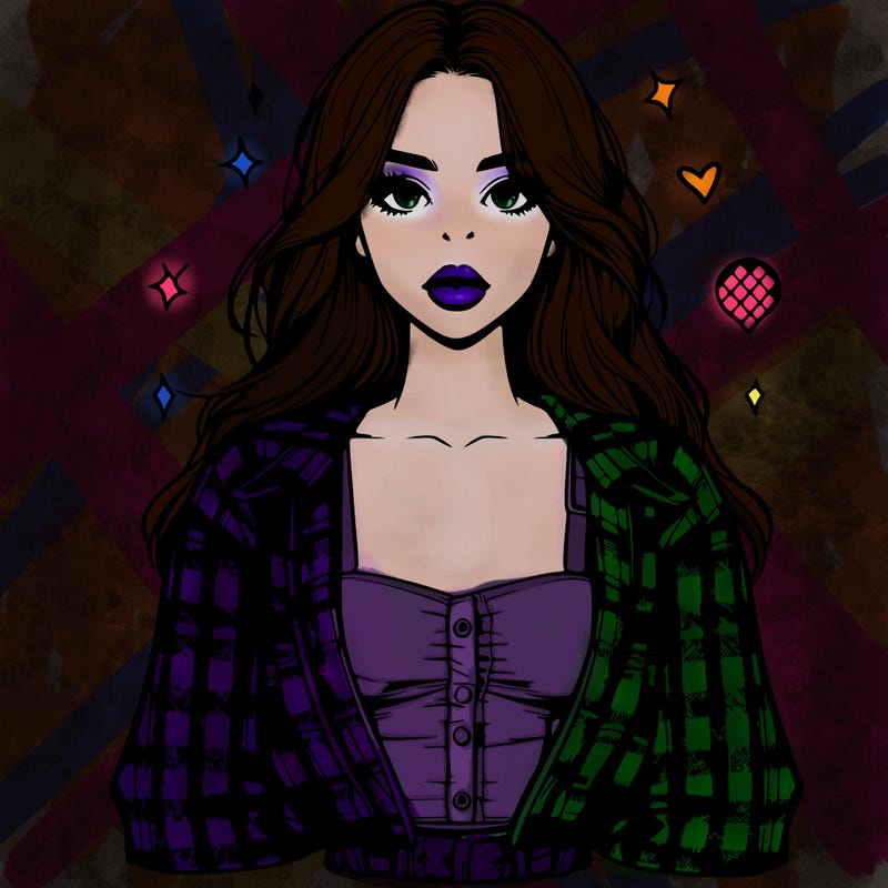 detailed
e-girl in plaid open button up long sleeve top. cute lips and big eyes. long hair.