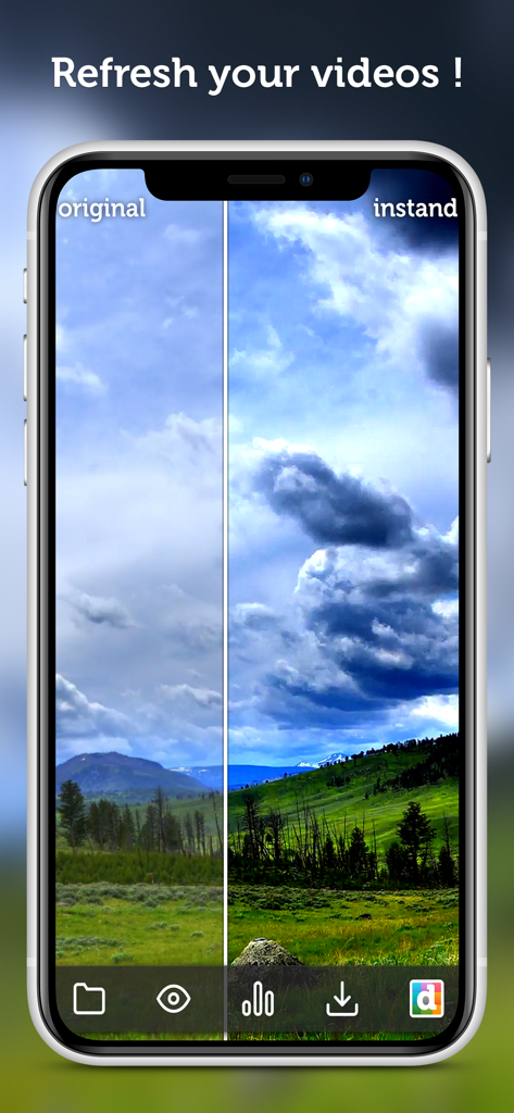 Comparación de pantalla dividida antes y después de un vídeo de paisaje usando filtros de Instand