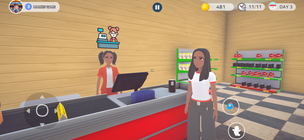 Market Street Tycoon Simulator - Un personaje cliente en el mostrador de caja dentro de una tienda minorista en Market Street Tycoon Simulator
