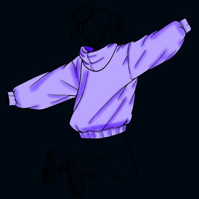 realistic girl jumping with a bun and oversized sweatshirt