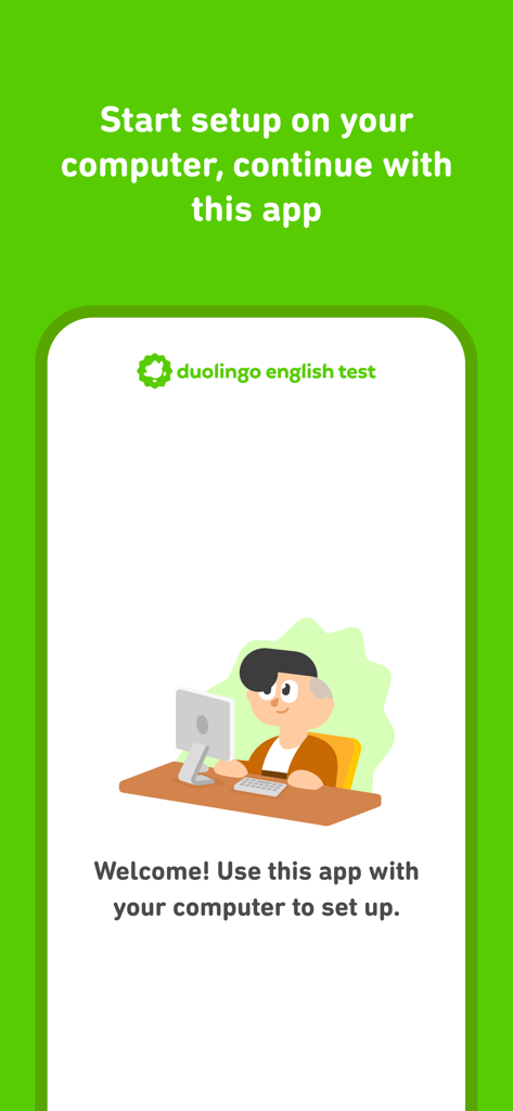 Pantalla de bienvenida de Duolingo English Test que muestra instrucciones de configuración de la computadora