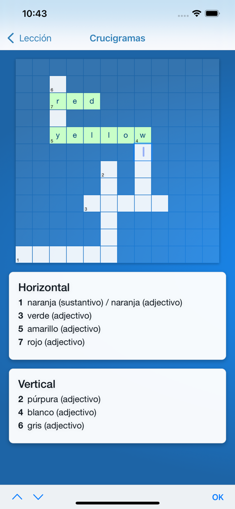 Crucigrama de vocabulario de inglés para estudiantes de español.
