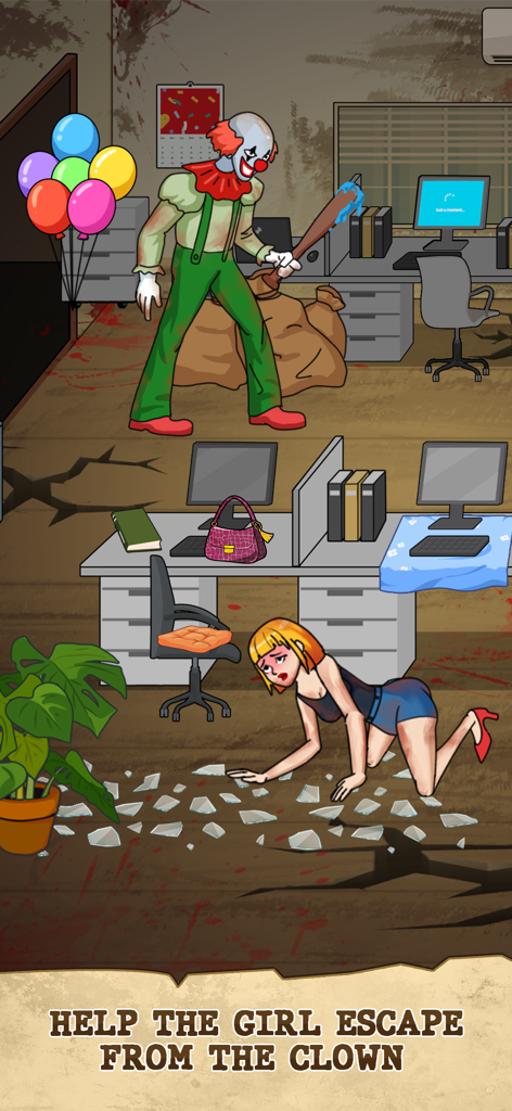 Nightmare Story: Tricky Quest - A girl crawls on broken glass in an office to escape a scary clown holding a bat in a nightmare story puzzle game.