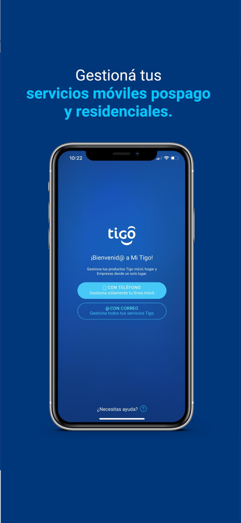 Mi Tigo El Salvador - Startbildschirm der Mi Tigo El Salvador App zur Verwaltung von Mobil- und Festnetzanschlüssen.