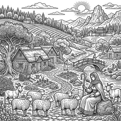 Discover a serene pastoral landscape blending ancient history with rustic cottagecore aesthetics. This intricate woodcut-style coloring page invites you to bring a charming historical village to life with your favorite colors.