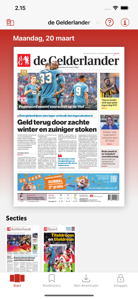 De Gelderlander digital newspaper app interface displaying a front page and news sections