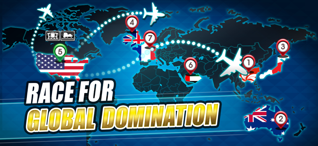 iHorse™ Arcade Horse Racing - A world map displaying global horse racing locations with the text Race for Global Domination.