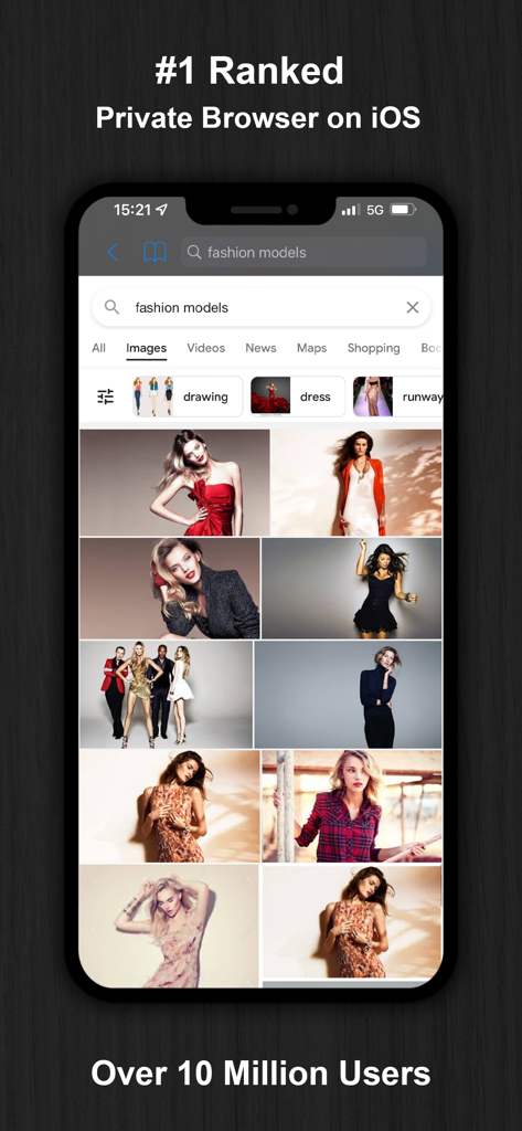Uma captura de tela do aplicativo Navegação Privada Branca em um iPhone mostrando uma pesquisa de moda por modelos.