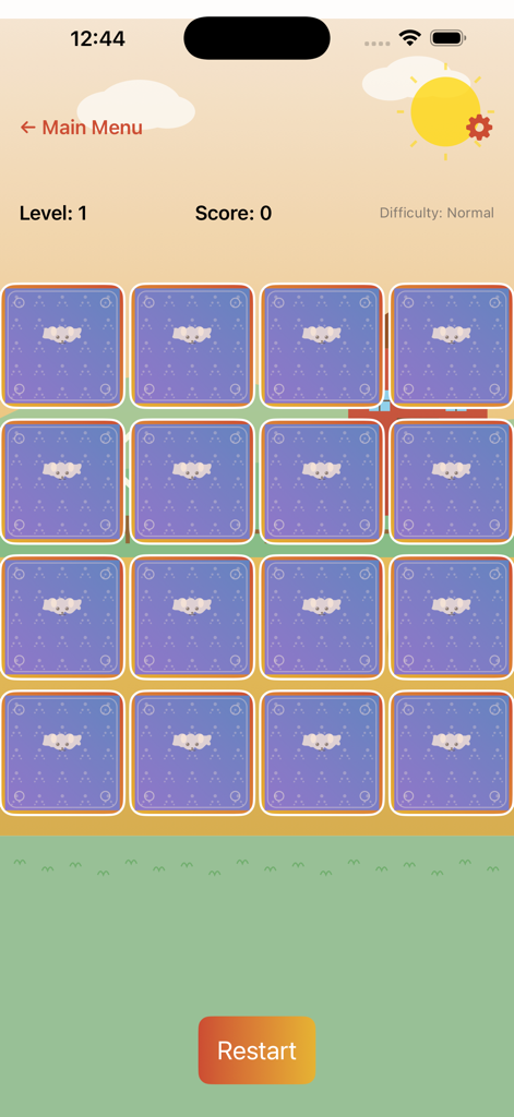 LagomorphMatch - Gameplay screen of LagomorphMatch memory game showing a 4x4 grid of cards with a sunny landscape background.