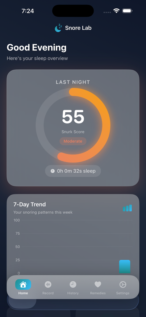 Snore Recorder Tracker - Mobile app interface displaying a sleep score of 55 and a weekly snoring trend graph