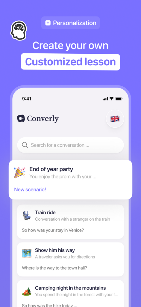 Converly app interface showing a menu to create customized language lessons with realistic conversation scenarios like a train ride or camping trip