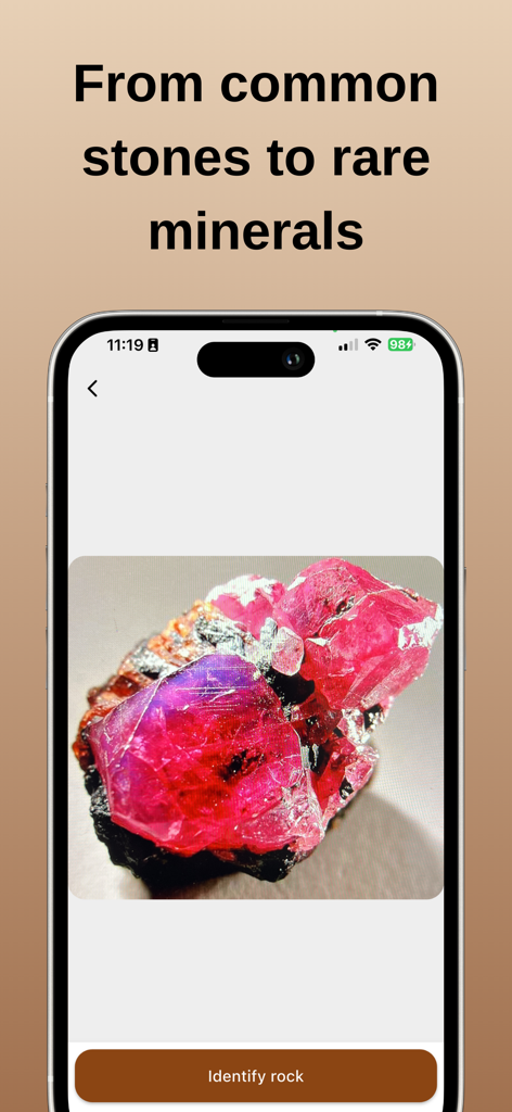 Rock Identifier: Stone ID ! - A mobile app interface displaying a vibrant pink crystal with an Identify rock button at the bottom.