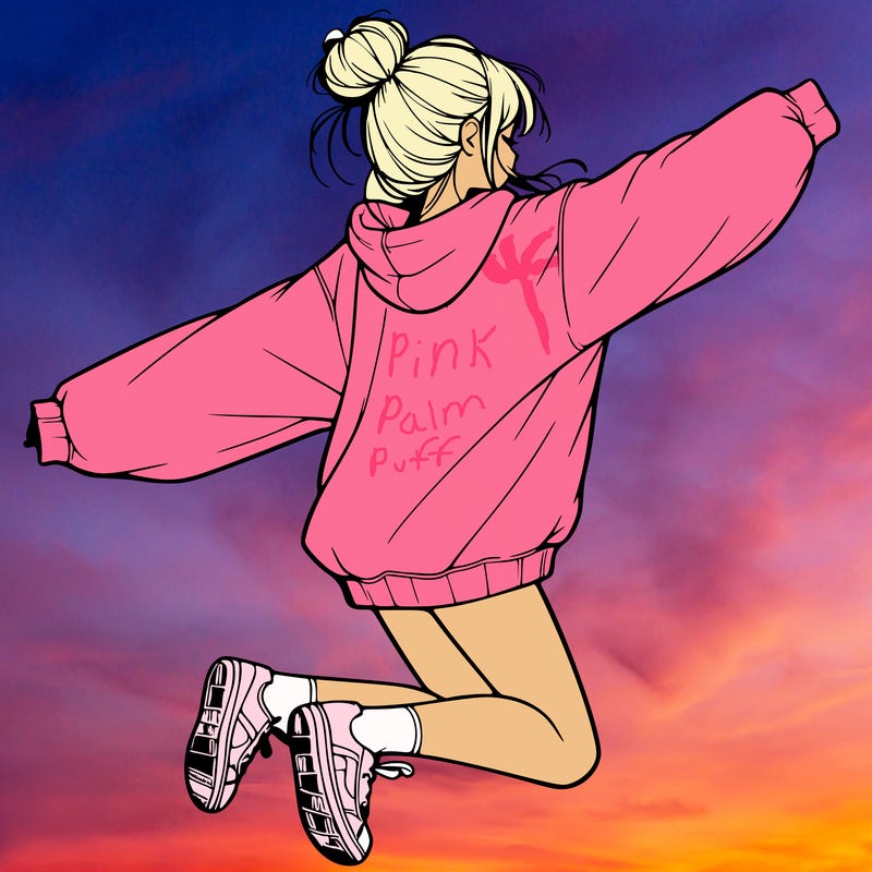 realistic girl jumping with a bun and oversized sweatshirt