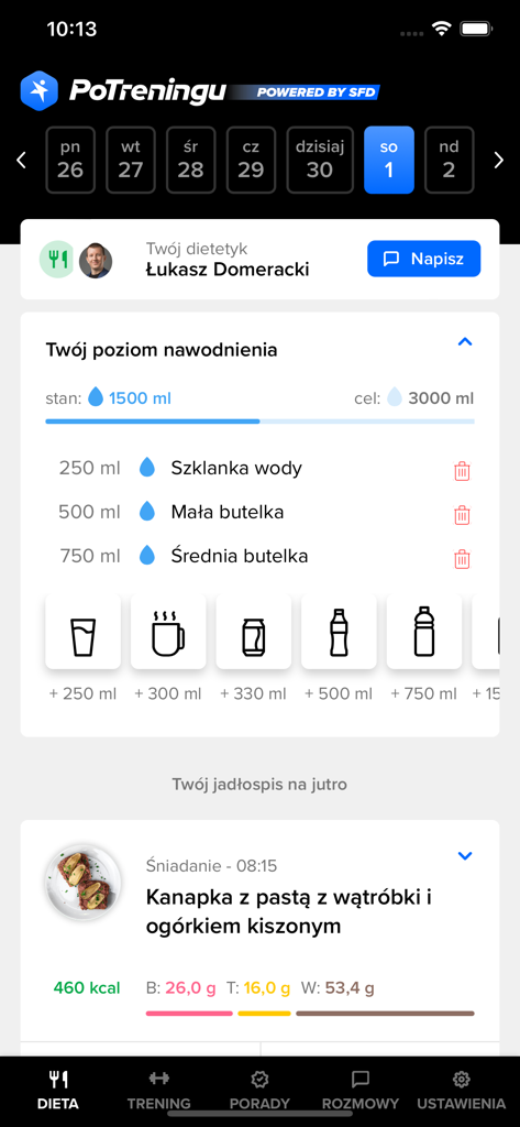 Interface de l'application PoTreningu montrant le suivi de la consommation d'eau et le plan de repas quotidien