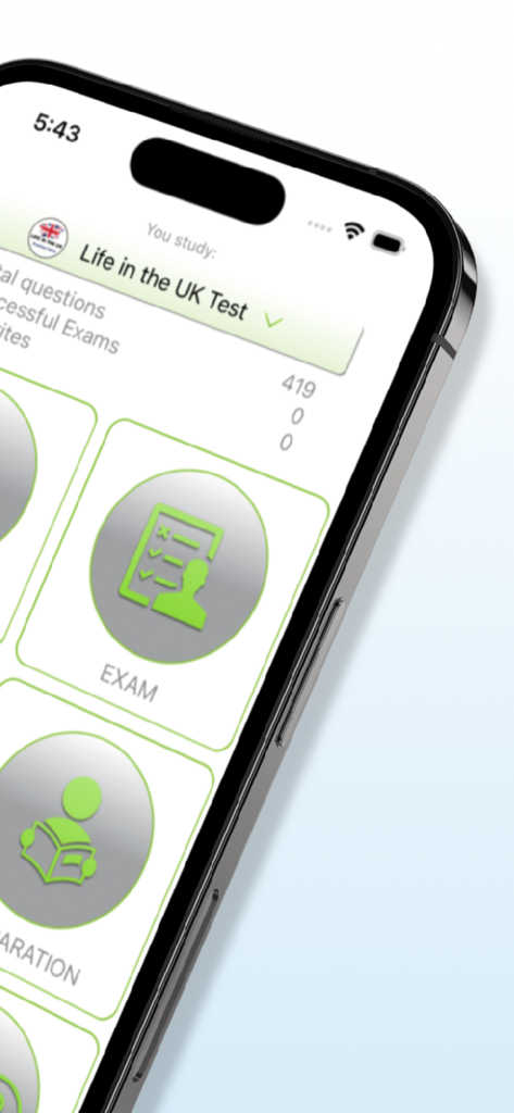 Life in UK: Exam 2026 - Mobile app interface for Life in the UK test showing preparation and exam study modes